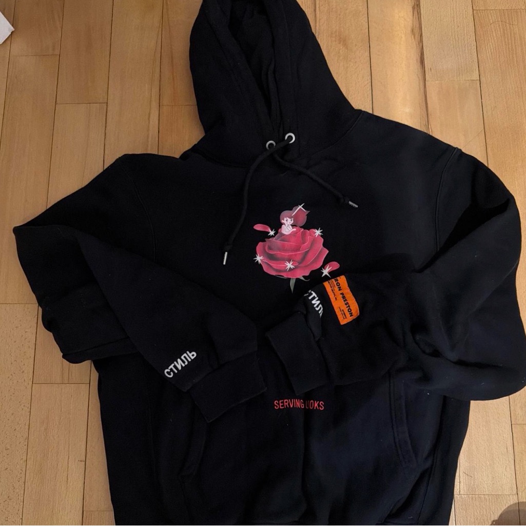 Heron Preston Black Hoodie With Pink Rose Graphic